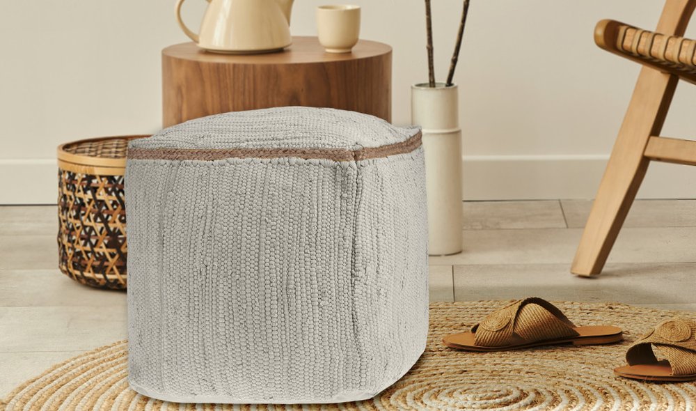 18" Indigo Cotton And Jute Cube Pouf Ottoman