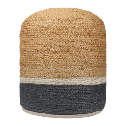 18" Natural And Gray Jute Blend Cylinder Striped Pouf Ottoman