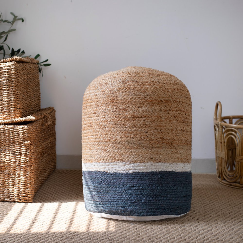 18" Natural And Gray Jute Blend Cylinder Striped Pouf Ottoman
