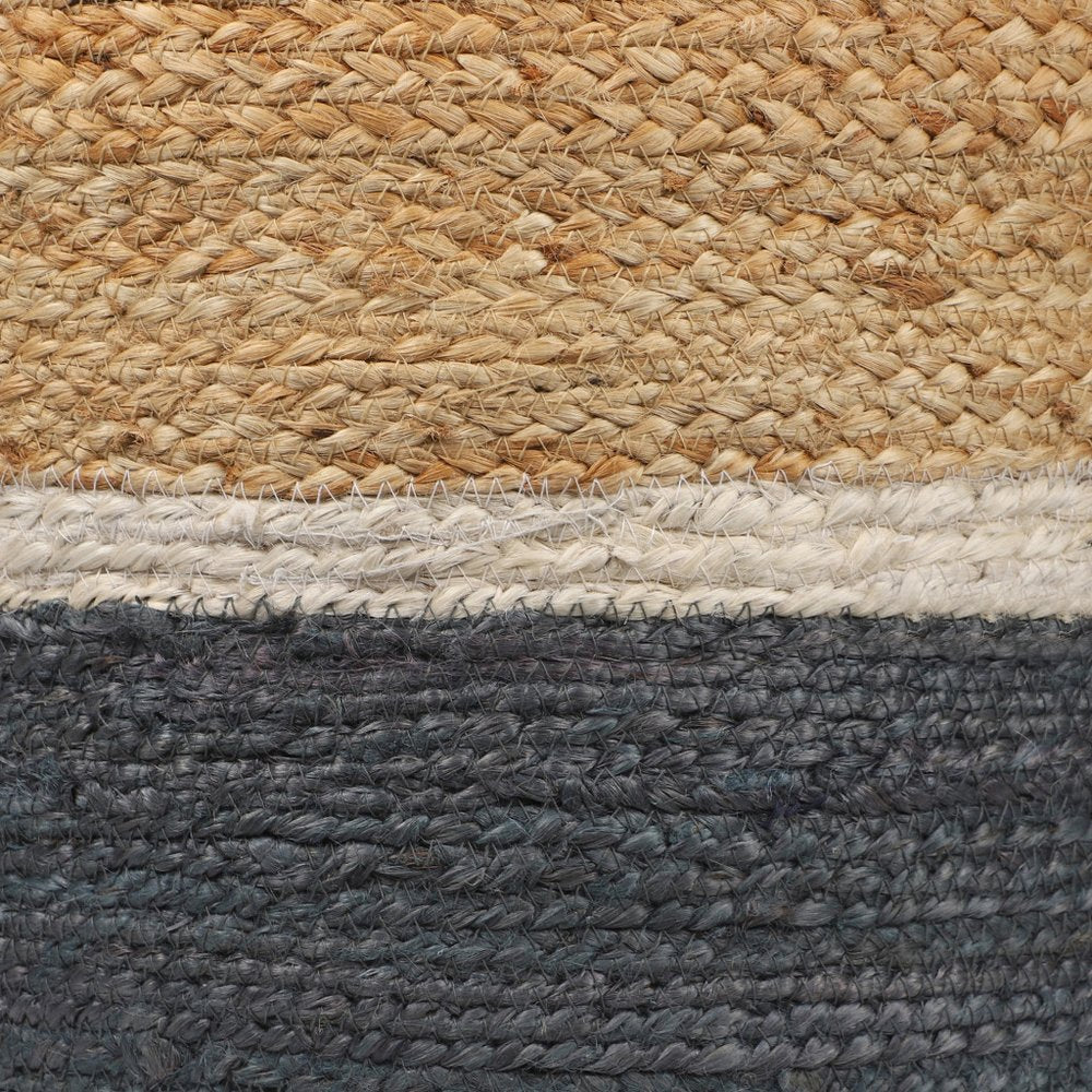 18" Natural And Gray Jute Blend Cylinder Striped Pouf Ottoman