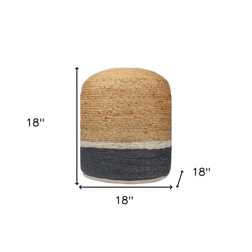 18" Natural And Gray Jute Blend Cylinder Striped Pouf Ottoman