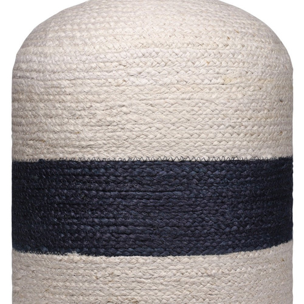 18" Off White And Navy Blue Jute Blend Cylinder Striped Pouf Ottoman
