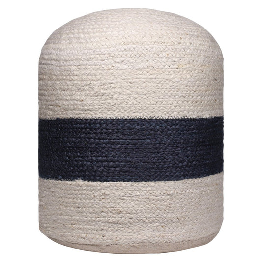 18" Off White And Navy Blue Jute Blend Cylinder Striped Pouf Ottoman