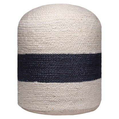 18" Off White And Navy Blue Jute Blend Cylinder Striped Pouf Ottoman