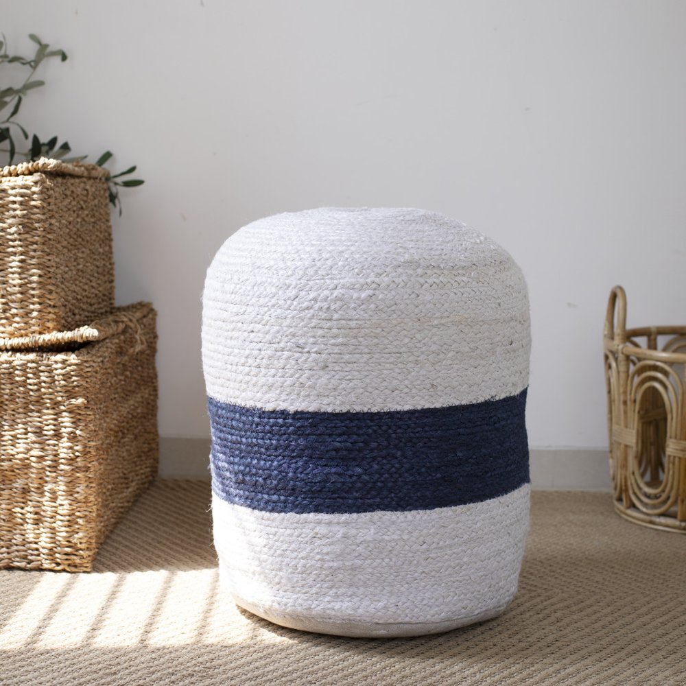 18" Off White And Navy Blue Jute Blend Cylinder Striped Pouf Ottoman