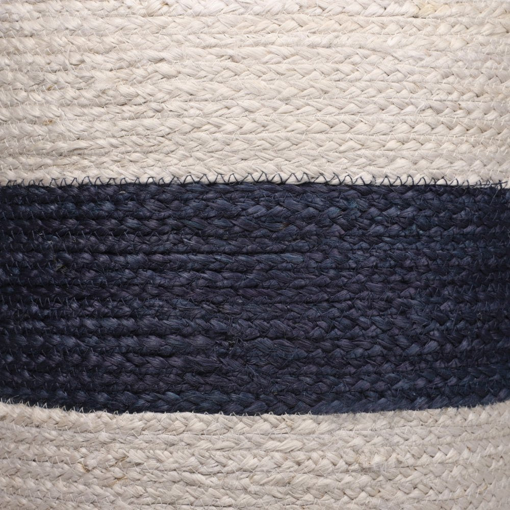 18" Off White And Navy Blue Jute Blend Cylinder Striped Pouf Ottoman