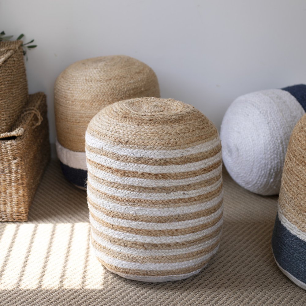 18" Off White And Navy Blue Jute Blend Cylinder Striped Pouf Ottoman
