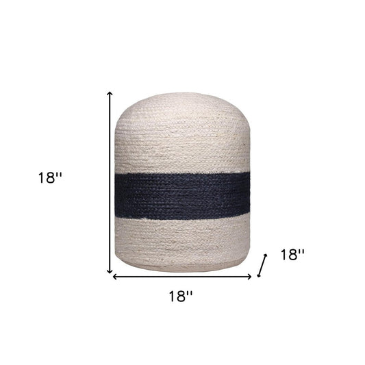 18" Off White and Navy Blue Jute Blend Striped Cylinder Pouf Ottoman