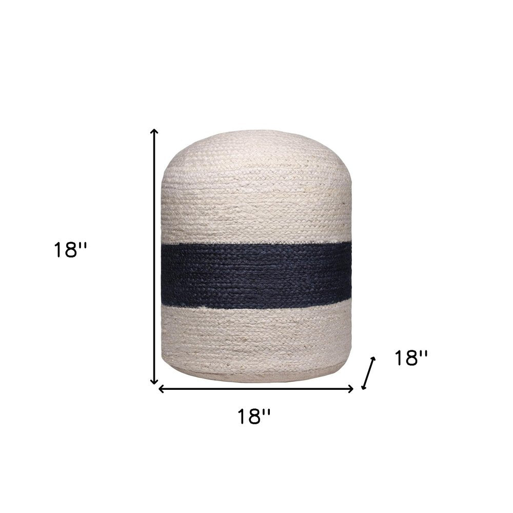 18" Off White And Navy Blue Jute Blend Cylinder Striped Pouf Ottoman