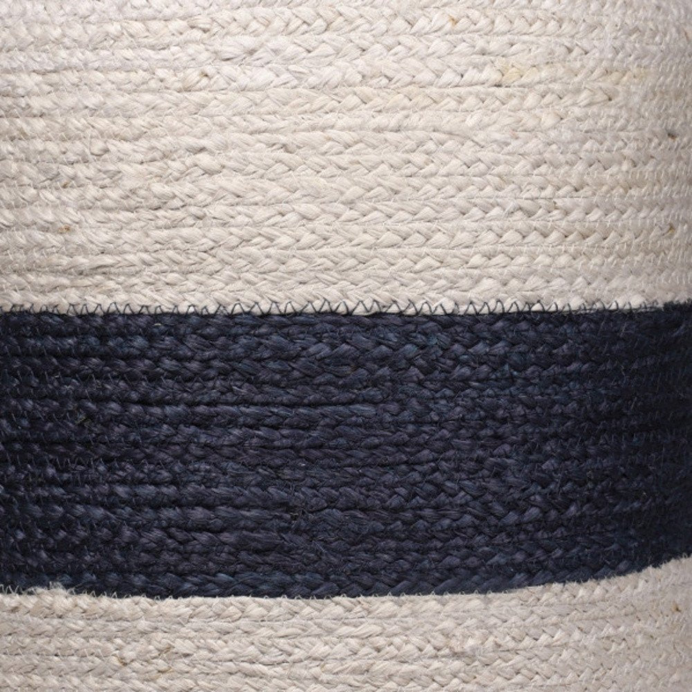 18" Off White And Navy Blue Jute Blend Cylinder Striped Pouf Ottoman