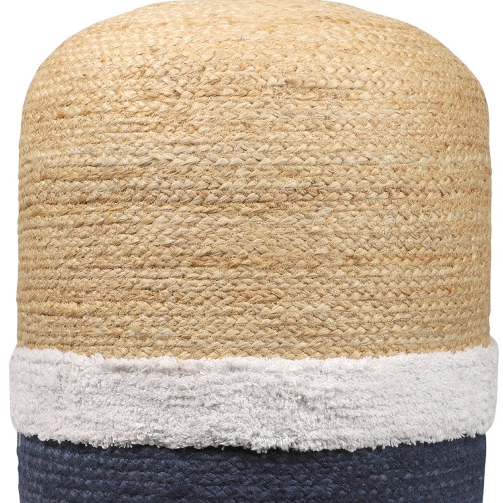 18" Natural And Navy Blue Jute Blend Cylinder Striped Pouf Ottoman