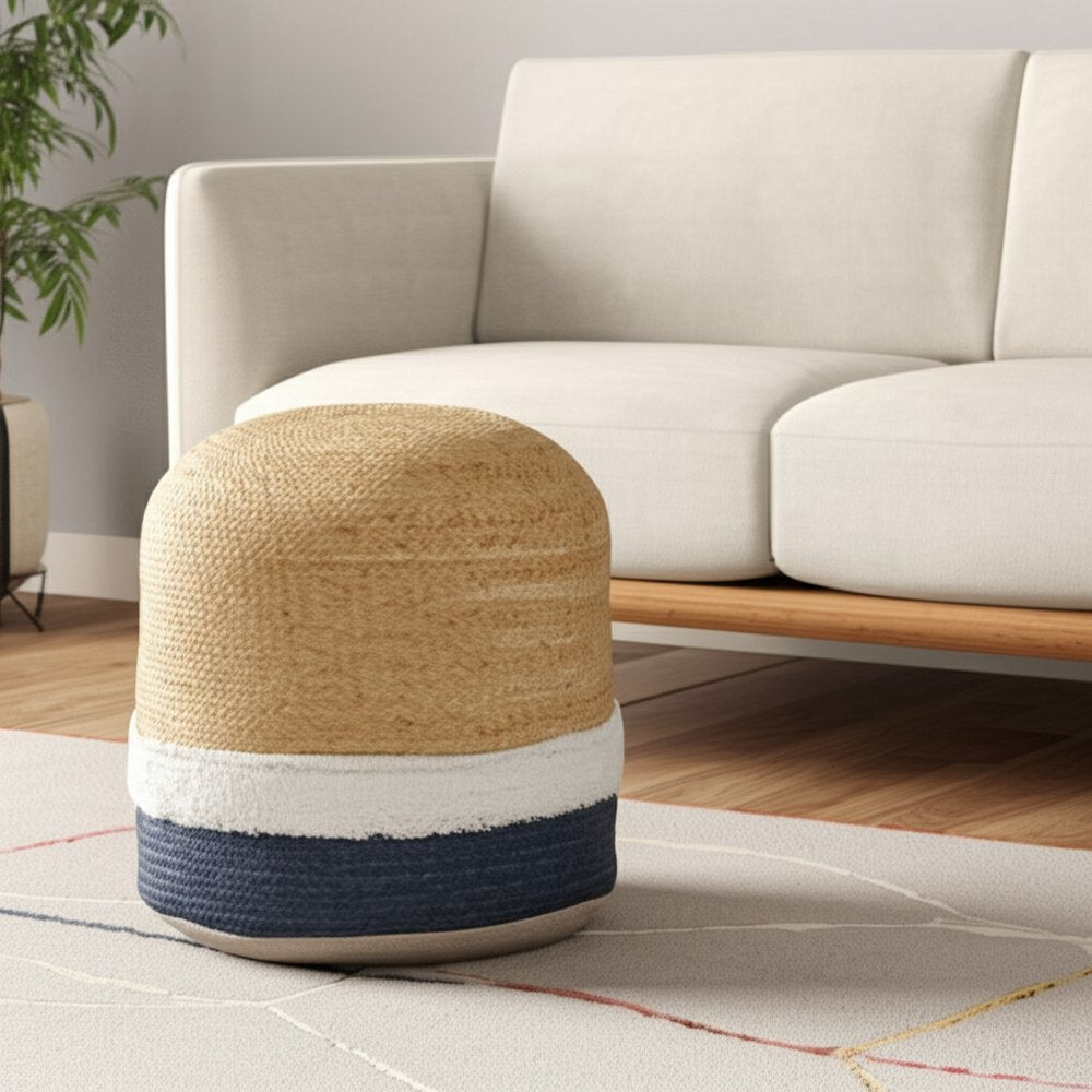 18" Natural And Navy Blue Jute Blend Cylinder Striped Pouf Ottoman
