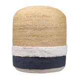 18" Natural And Navy Blue Jute Blend Cylinder Striped Pouf Ottoman