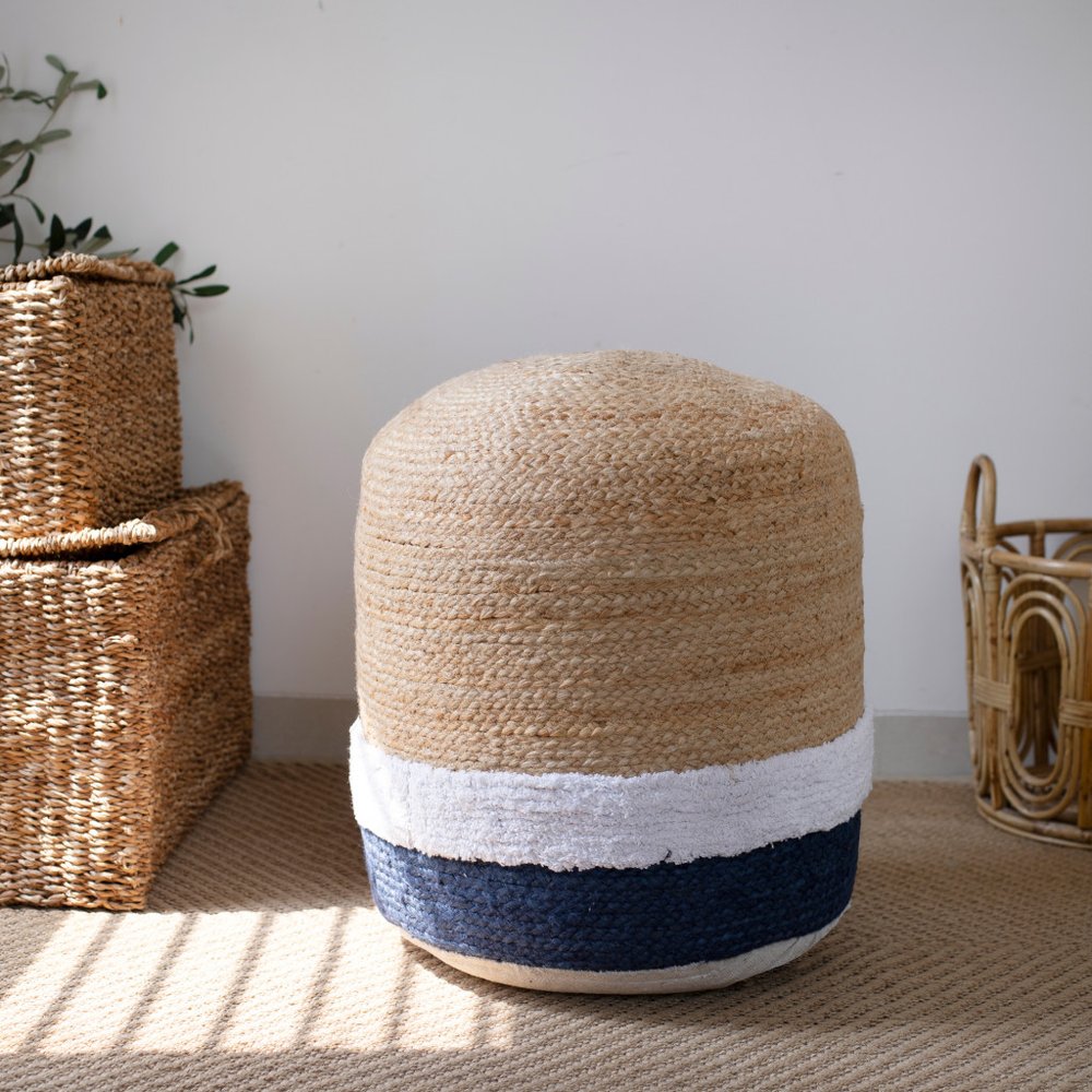 18" Natural And Navy Blue Jute Blend Cylinder Striped Pouf Ottoman