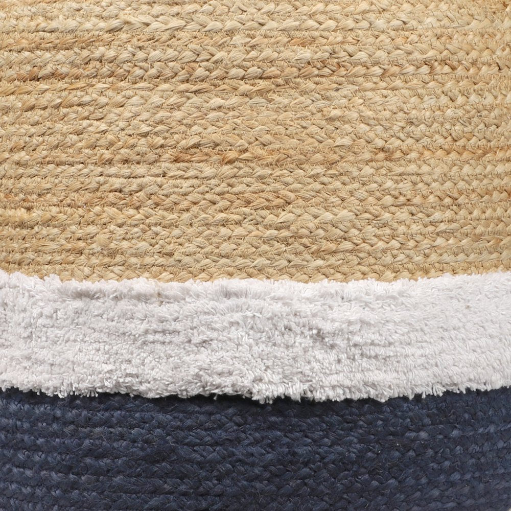 18" Natural And Navy Blue Jute Blend Cylinder Striped Pouf Ottoman