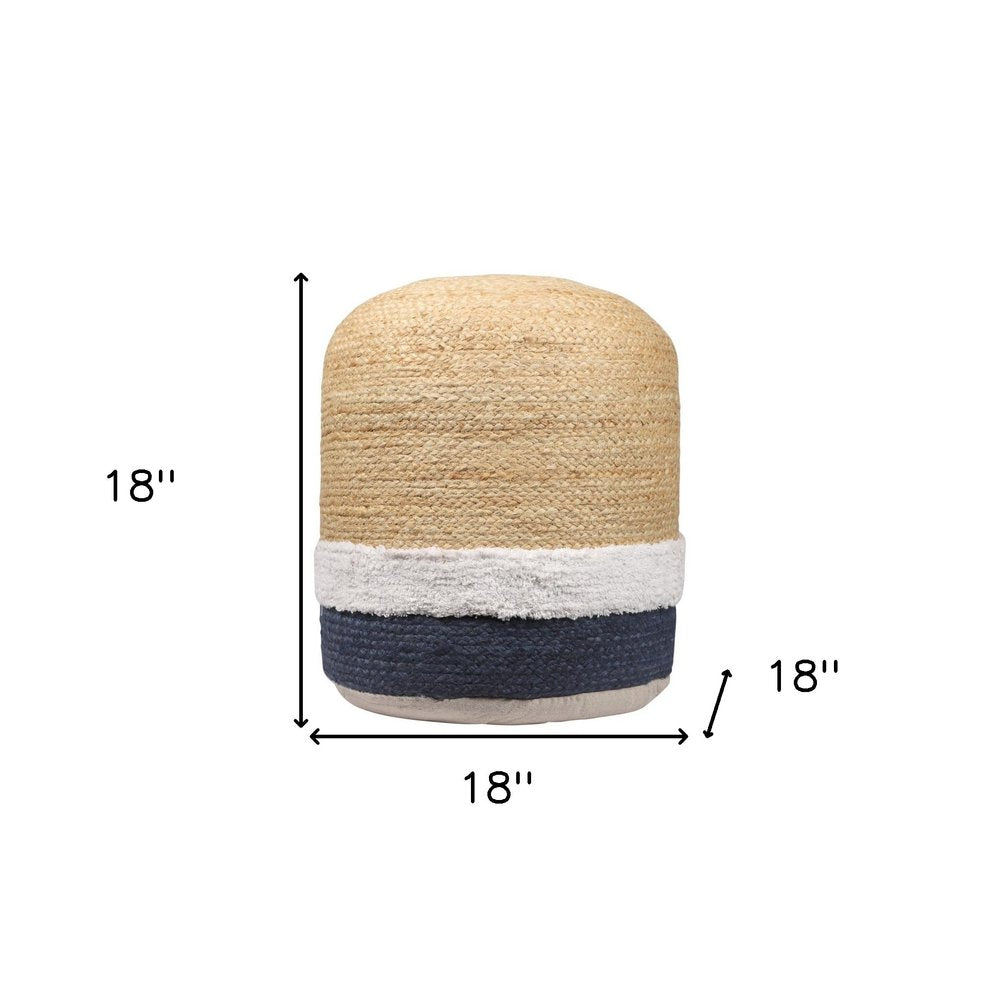 18" Natural And Navy Blue Jute Blend Cylinder Striped Pouf Ottoman