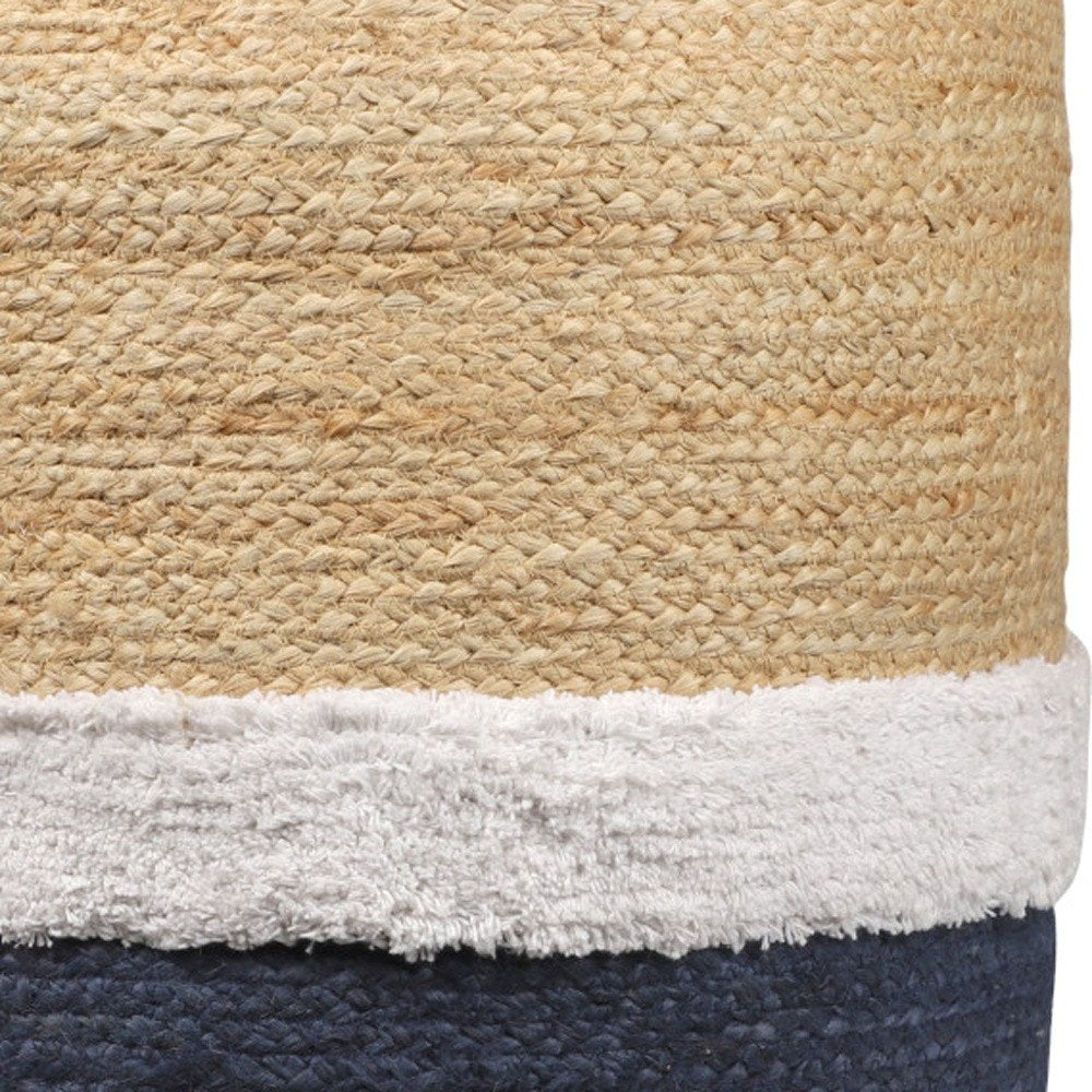 18" Natural And Navy Blue Jute Blend Cylinder Striped Pouf Ottoman