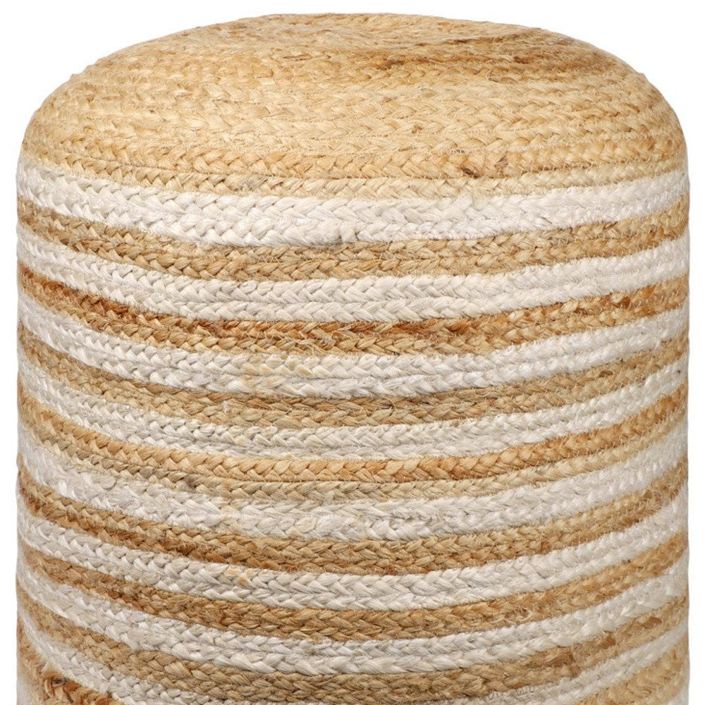 18" Natural And White Jute Blend Cylinder Striped Pouf Ottoman