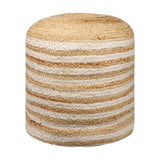 18" Natural And White Jute Blend Cylinder Striped Pouf Ottoman