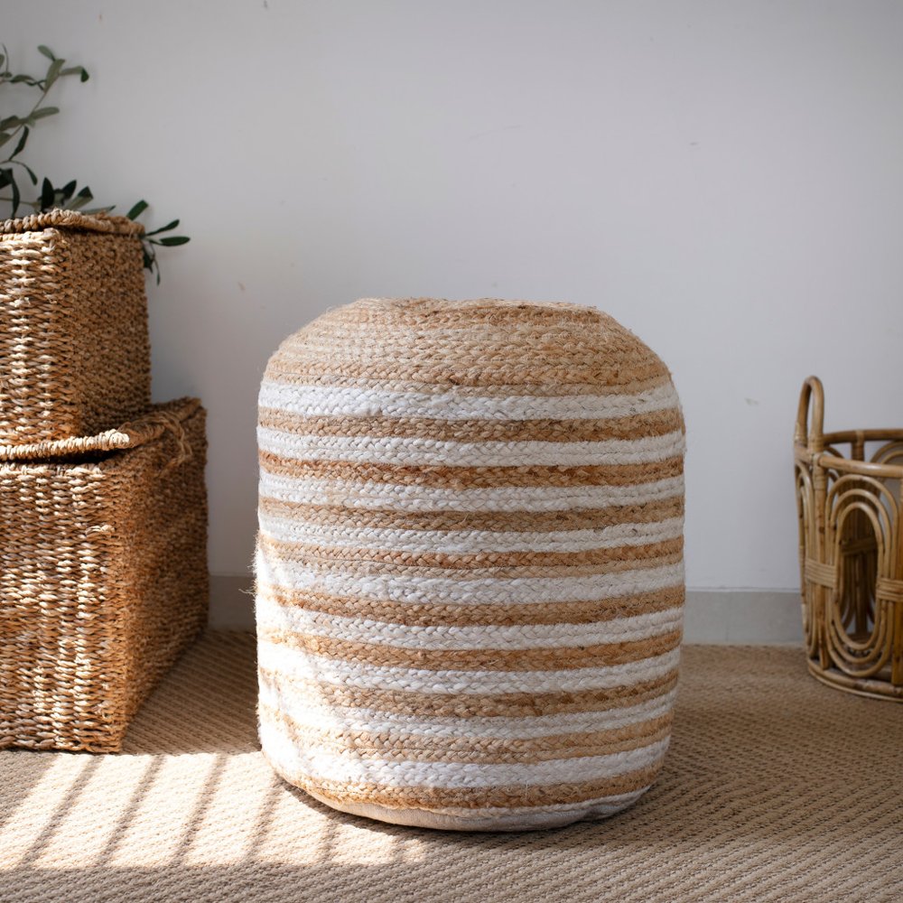 18" Natural And White Jute Blend Cylinder Striped Pouf Ottoman