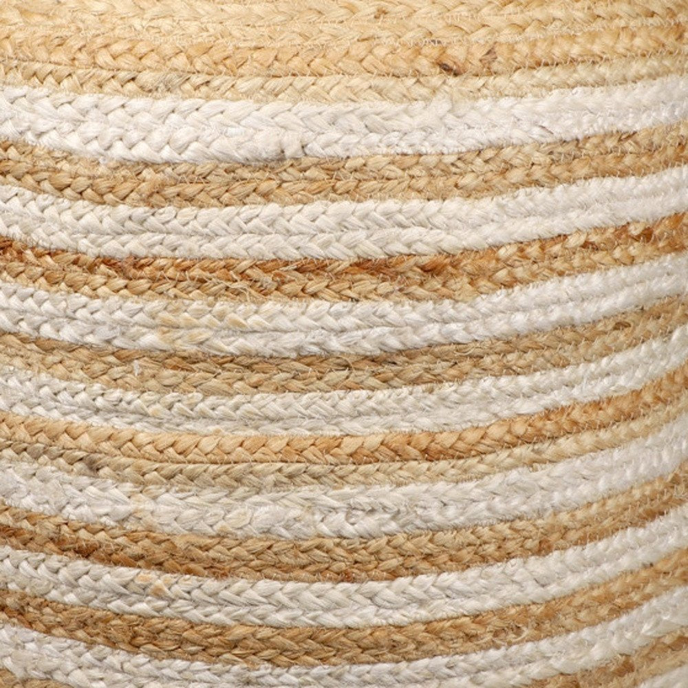 18" Natural And White Jute Blend Cylinder Striped Pouf Ottoman