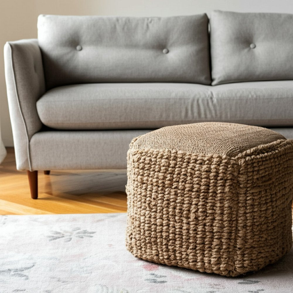 18" Natural Jute Blend Cube Pouf Ottoman