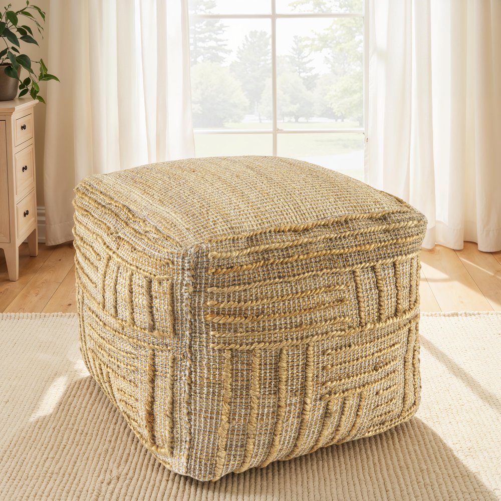 18" Natural Jute Blend Cube Striped Pouf Ottoman