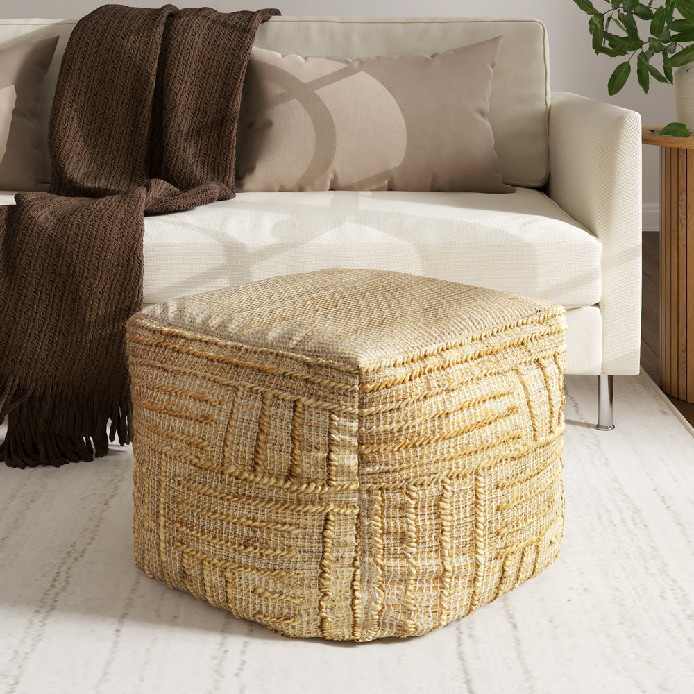 18" Natural Jute Blend Cube Striped Pouf Ottoman