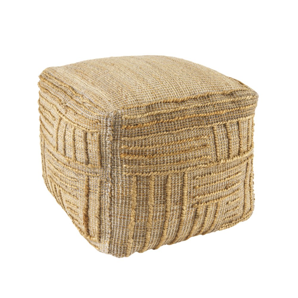 18" Natural Jute Blend Cube Striped Pouf Ottoman