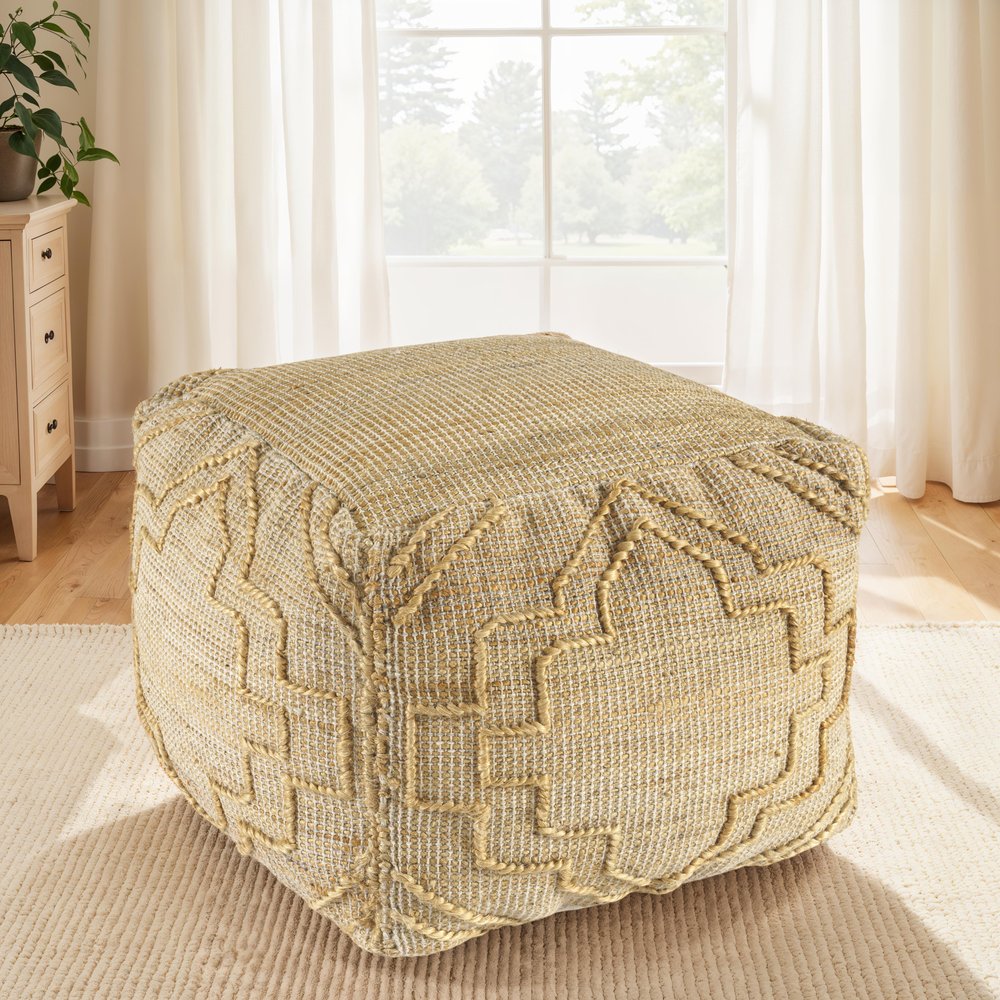 18" Natural Jute Blend Cube Quatrefoil Pouf Ottoman