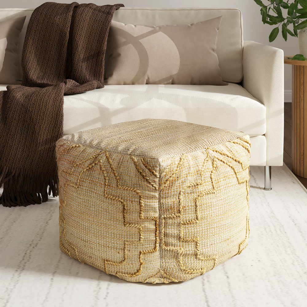 18" Natural Jute Blend Cube Quatrefoil Pouf Ottoman