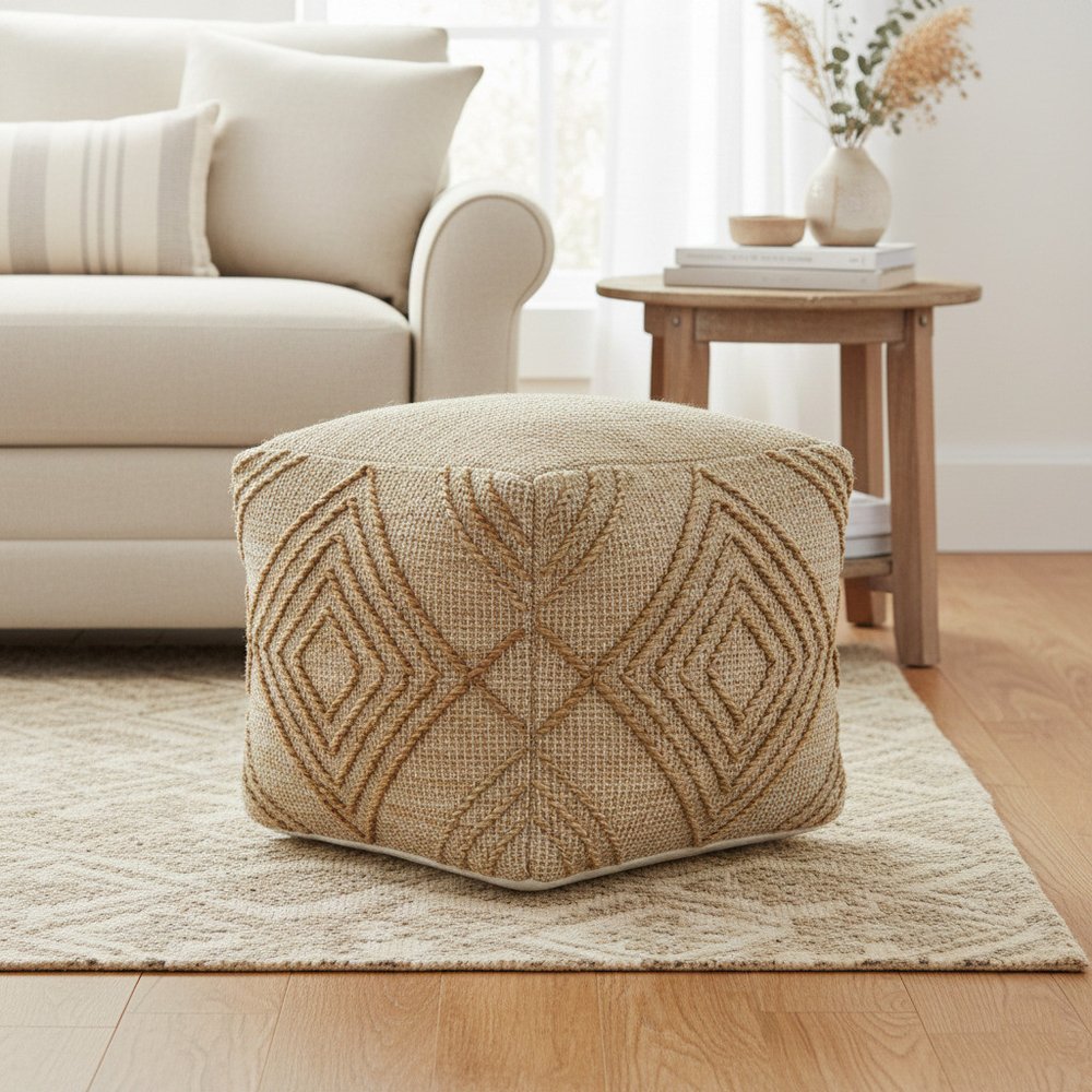 18" Natural Jute Blend Geometric Cube Pouf Ottoman