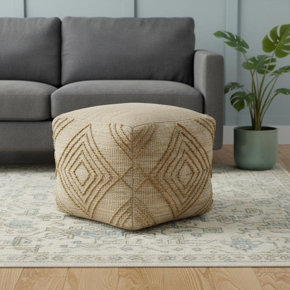 18" Natural Jute Blend Cube Geometric Pouf Ottoman