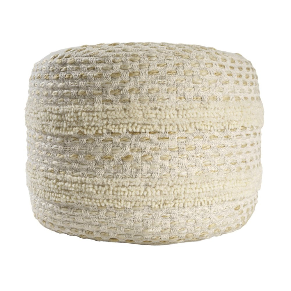 18" Ivory And Green Cotton Blend Round Striped Pouf Ottoman