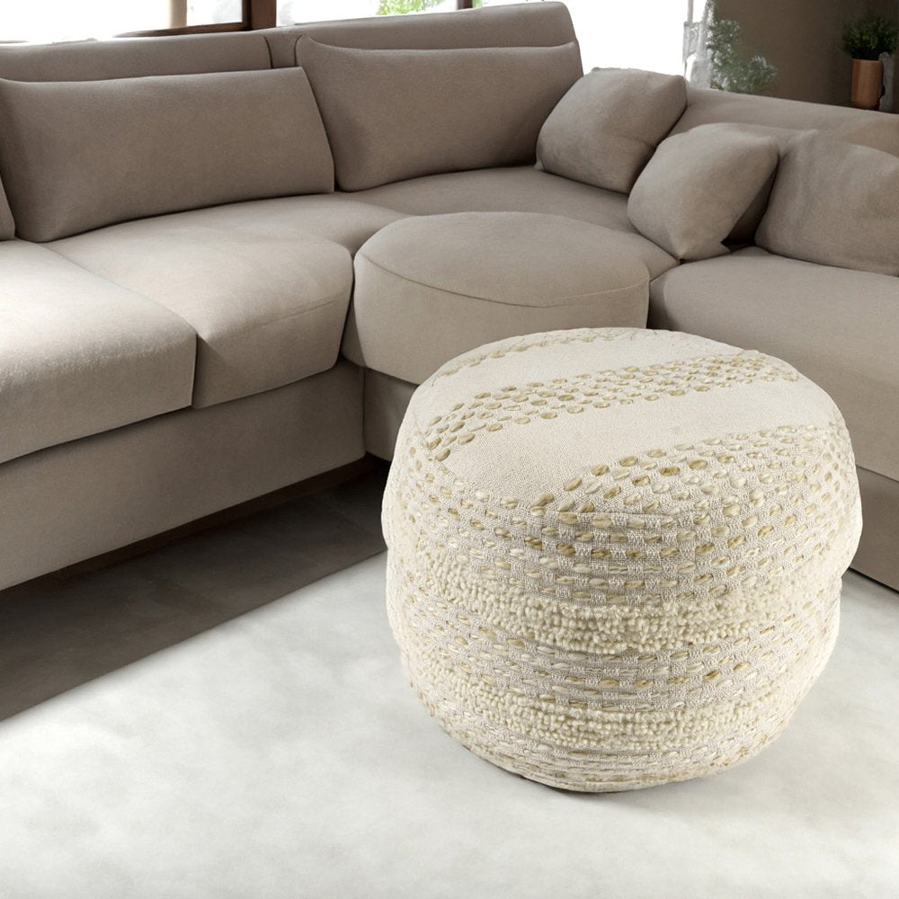 18" Ivory And Green Cotton Blend Round Striped Pouf Ottoman