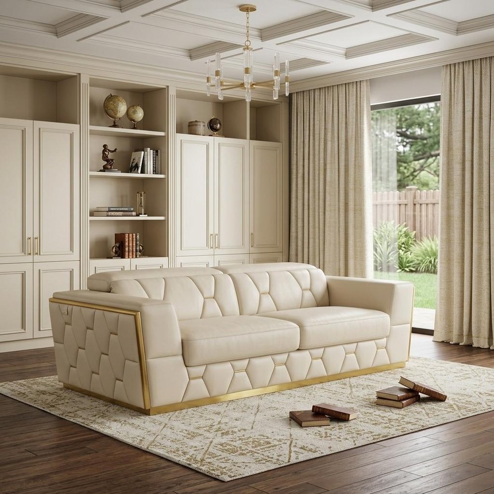 89" Beige And Gold Leather Sofa