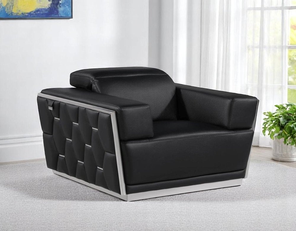 47" Black and Silver Italian Leather Club Chair