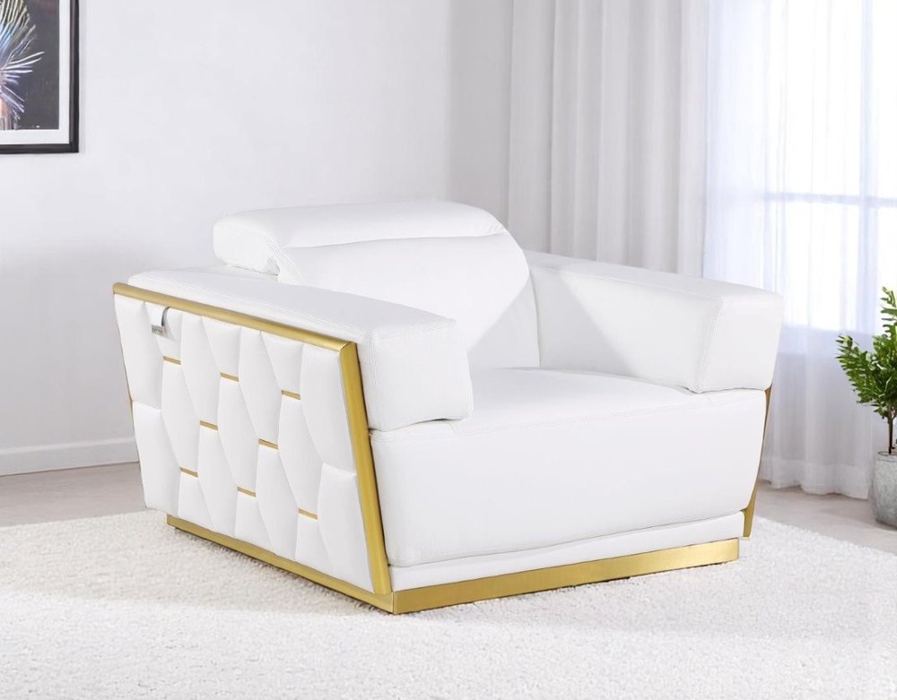 47" White and Gold Italian Leather Club Chair