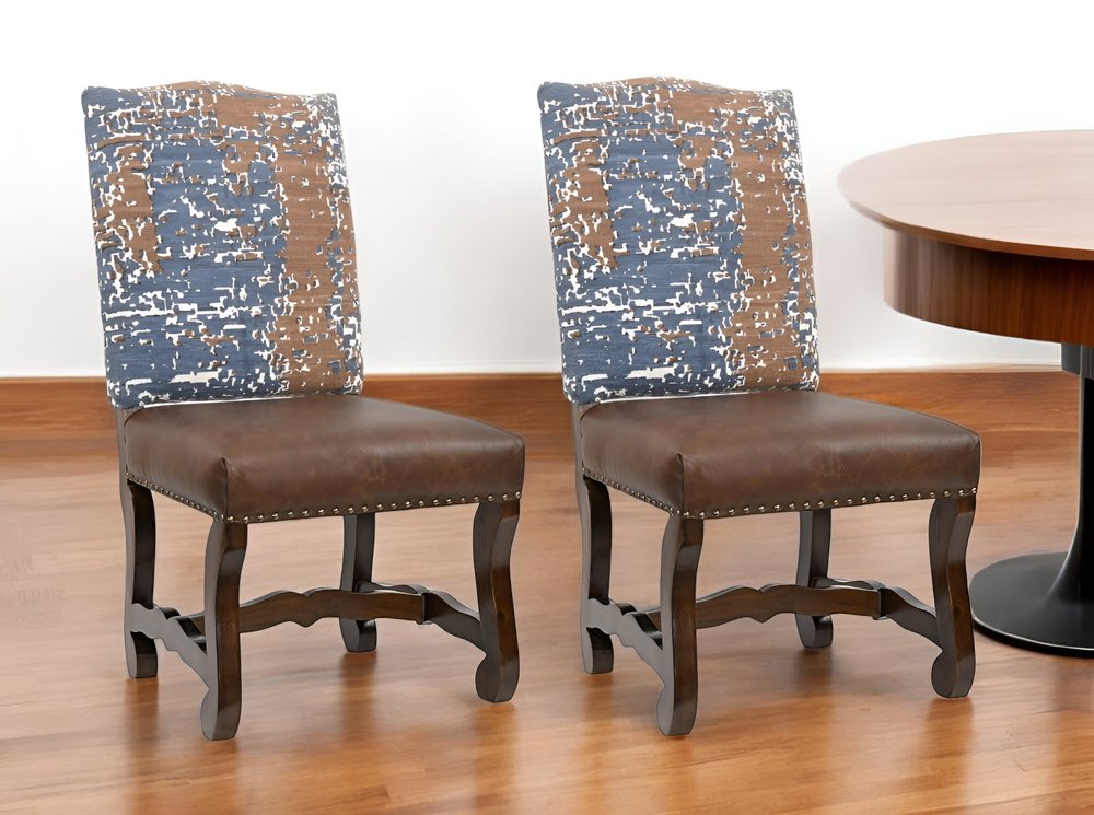 Set of Two Blue And Brown Solid Wood Upholstered Chenille And Leather Dining Side Chairs