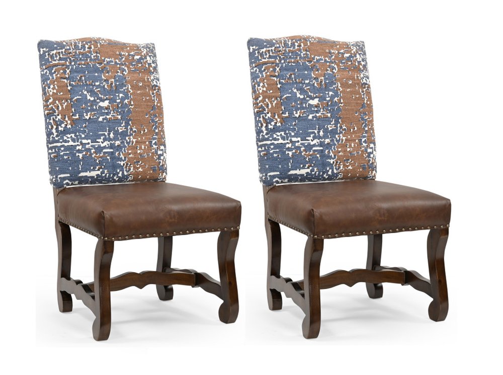Set of Two Blue And Brown Solid Wood Upholstered Chenille And Leather Dining Side Chairs