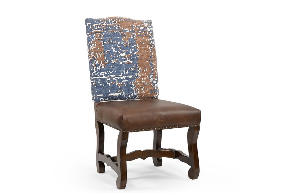 Set of Two Blue And Brown Solid Wood Upholstered Chenille And Leather Dining Side Chairs