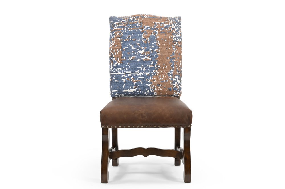 Set of Two Blue And Brown Solid Wood Upholstered Chenille And Leather Dining Side Chairs