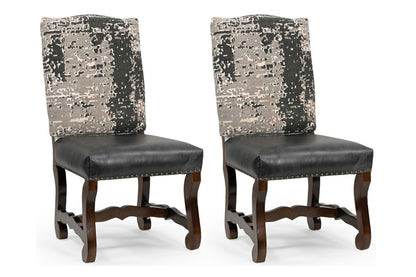 Set of Two Black Gray And Dark Brown Solid Wood Upholstered Chenille And Leather Dining Side Chairs
