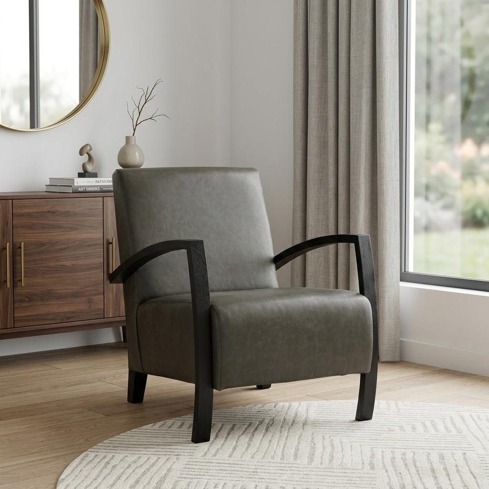 26" Green And Black Top Grain Leather Arm Chair