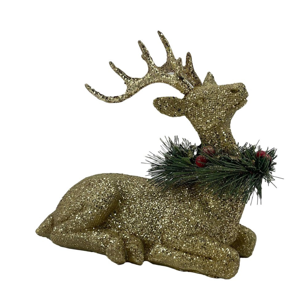 9" Gold Green And Red Polyresin Reindeer Christmas Figurine