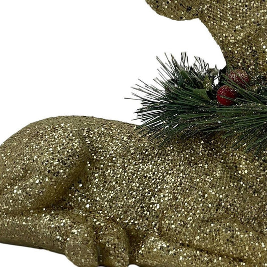 9" Gold Green And Red Polyresin Reindeer Christmas Figurine