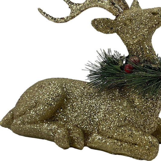 9" Gold Green And Red Polyresin Reindeer Christmas Figurine