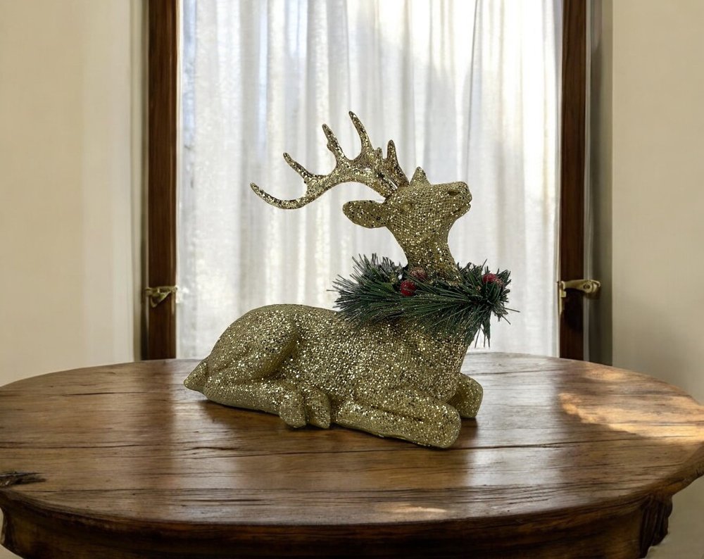 9" Gold Green And Red Polyresin Reindeer Christmas Figurine
