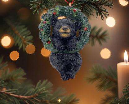 5" Black Green And Red Resin Bear Christmas Figurine