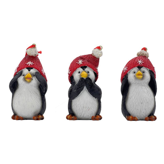 Set of Three Black White And Red Resin Penguin Christmas Reindeer Figurine